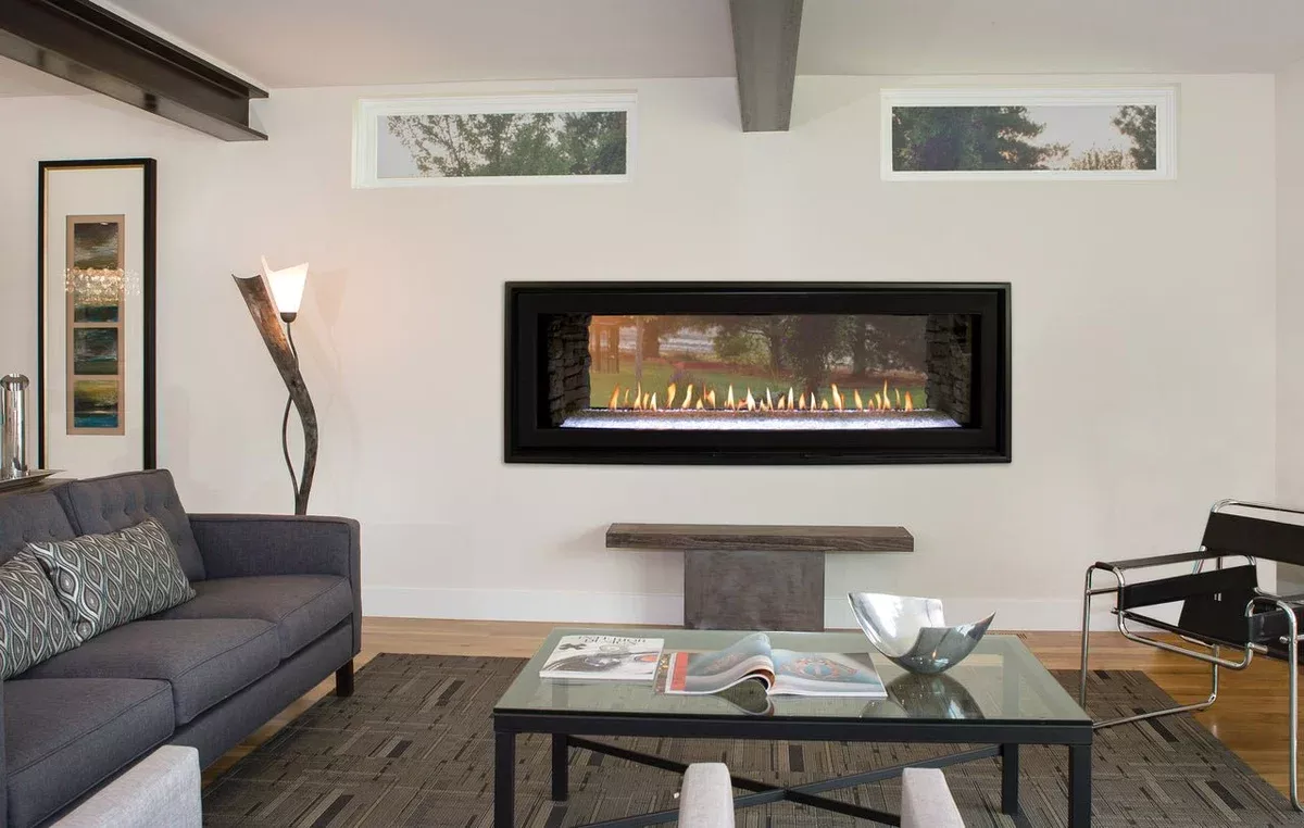 Empire 48" Boulevard DVLL48SP90 Direct Vent Linear See-Thru Fireplace, Remote, LED lighting